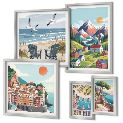 Lot de tableaux encadrés Paysages rétro de montagne et de mer