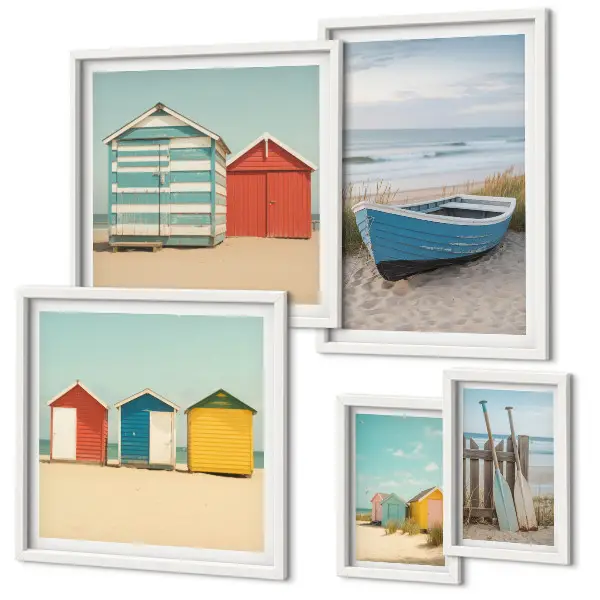 Ensemble de 5 tableaux vue sur la mer avec maisons et bateaux