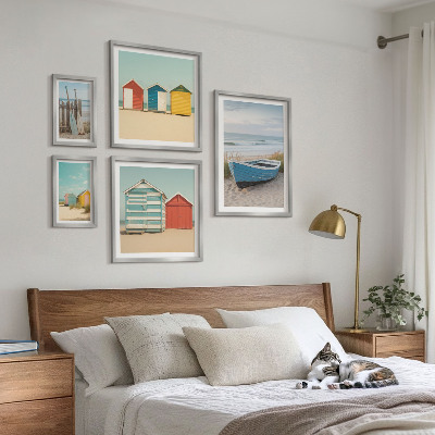 Ensemble de 5 tableaux Vue sur la mer, maisons, bateaux