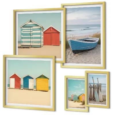 Ensemble de 5 tableaux vue sur la mer avec maisons et bateaux
