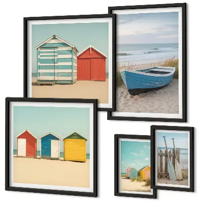 Ensemble de 5 tableaux vue sur la mer avec maisons et bateaux