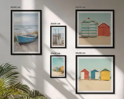 Ensemble de 5 tableaux vue sur la mer avec maisons et bateaux
