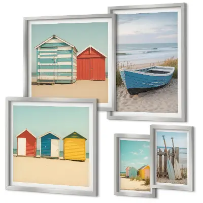 Ensemble de 5 tableaux vue sur la mer avec maisons et bateaux