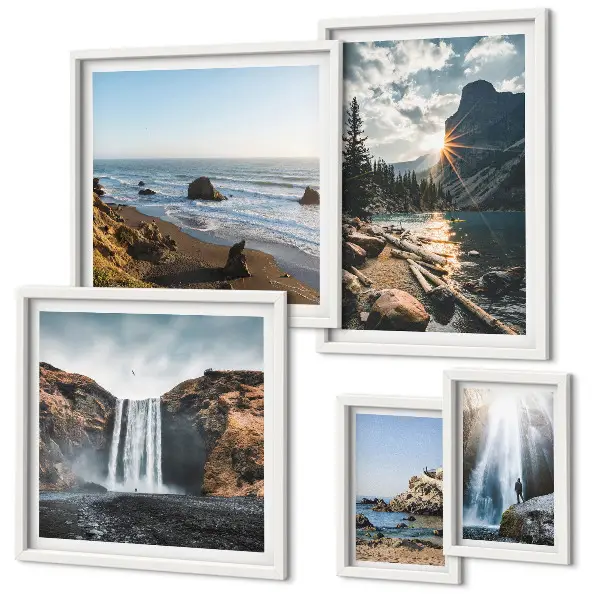 Ensemble de 5 tableaux représentant des paysages de cascades et de plages