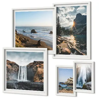 Ensemble de 5 tableaux représentant des paysages de cascades et de plages