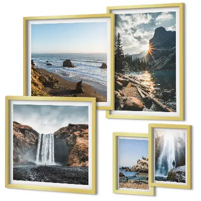 Ensemble de 5 tableaux représentant des paysages de cascades et de plages