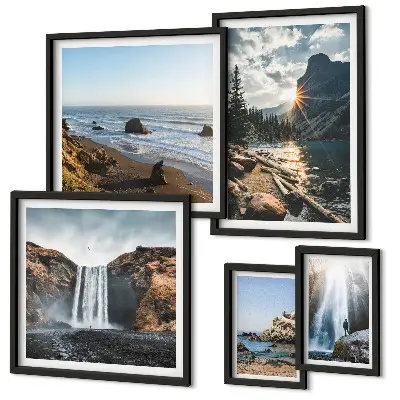 Ensemble de 5 tableaux représentant des paysages de cascades et de plages