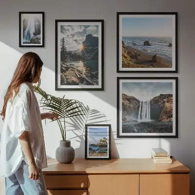 Ensemble de 5 tableaux représentant des paysages de cascades et de plages