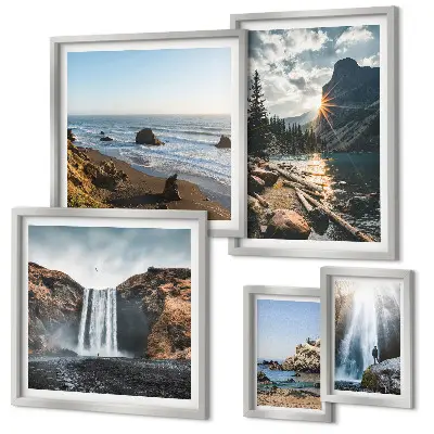 Ensemble de 5 tableaux représentant des paysages de cascades et de plages