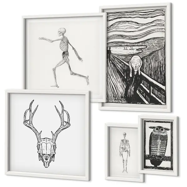 Ensemble de 5 tableaux représentant l'art surréaliste, la nature et l'homme