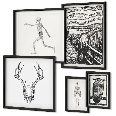 Ensemble de 5 tableaux représentant l'art surréaliste, la nature et l'homme