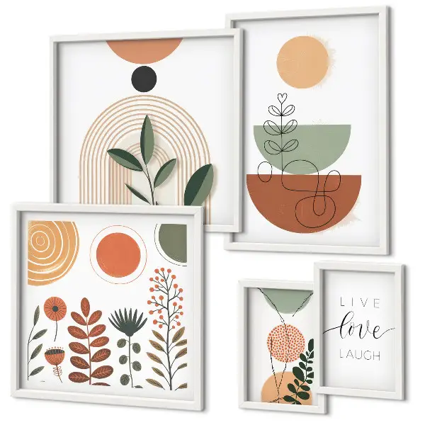 Ensemble de 5 tableaux avec graphismes végétaux et géométriques élégants