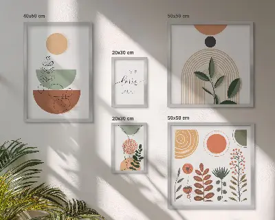 Ensemble de 5 tableaux avec graphismes végétaux et géométriques élégants