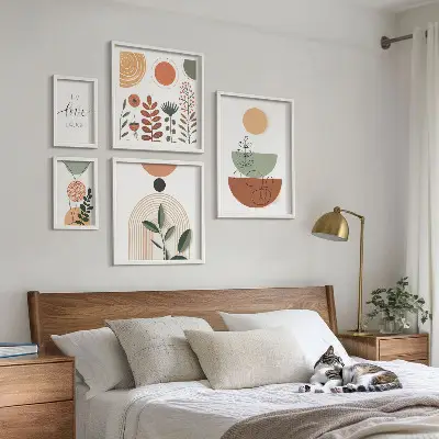 Ensemble de 5 tableaux avec graphismes végétaux et géométriques élégants
