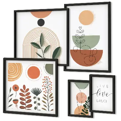 Ensemble de 5 tableaux avec graphismes végétaux et géométriques élégants