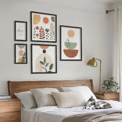 Ensemble de 5 tableaux avec graphismes végétaux et géométriques élégants