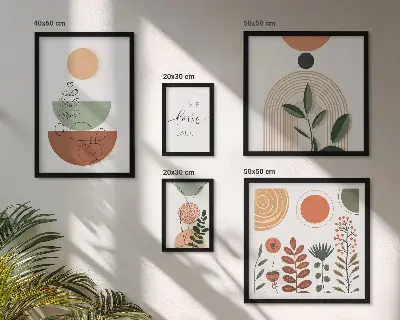 Ensemble de 5 tableaux avec graphismes végétaux et géométriques élégants