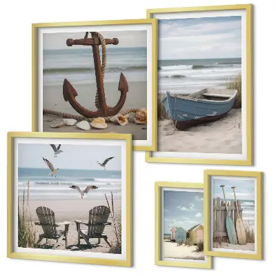 Ensemble de 5 tableaux ambiance bord de mer détente et plage