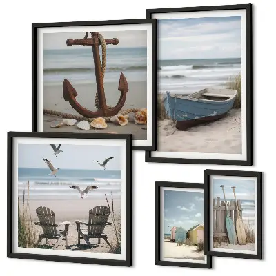 Ensemble de 5 tableaux ambiance bord de mer détente et plage