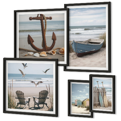 Ensemble de 5 tableaux Ambiance bord de mer, détente, plage