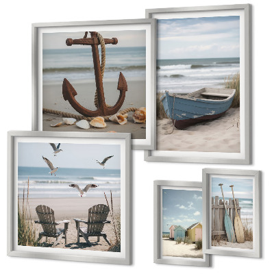 Ensemble de 5 tableaux Ambiance bord de mer, détente, plage