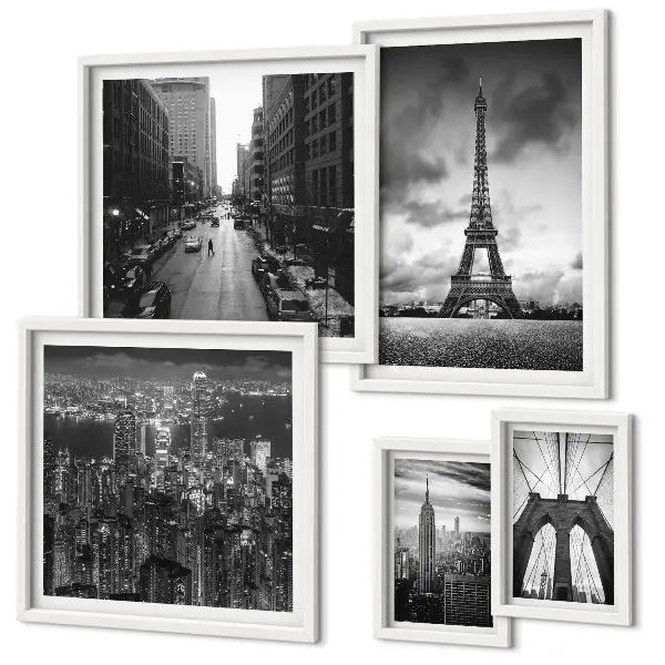 Tableau de décoration murale représentant des icônes architecturales en noir et blanc