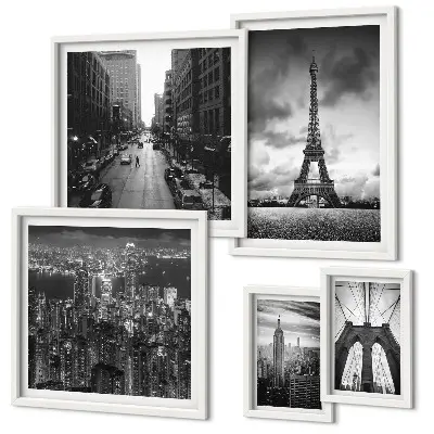 Tableau de décoration murale représentant des icônes architecturales en noir et blanc