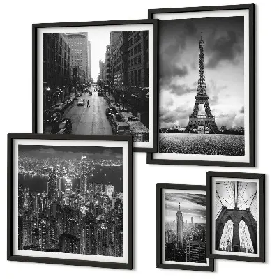 Tableau de décoration murale représentant des icônes architecturales en noir et blanc