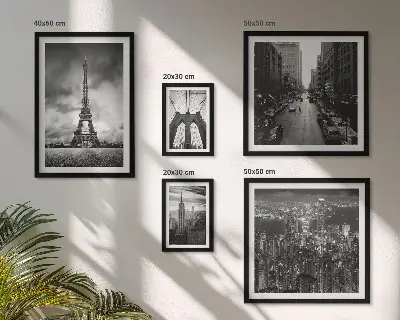 Tableau de décoration murale représentant des icônes architecturales en noir et blanc