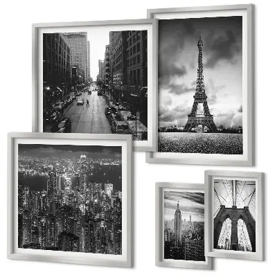 Tableau de décoration murale représentant des icônes architecturales en noir et blanc
