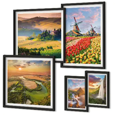 Lot de tableaux encadrés représentant des paysages naturels, des cascades et des moulins à vent