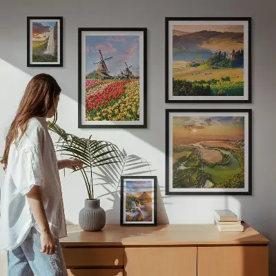 Lot de tableaux encadrés représentant des paysages naturels, des cascades et des moulins à vent