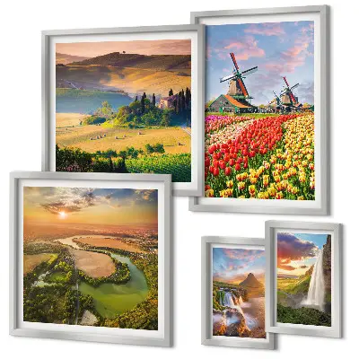 Lot de tableaux encadrés représentant des paysages naturels, des cascades et des moulins à vent