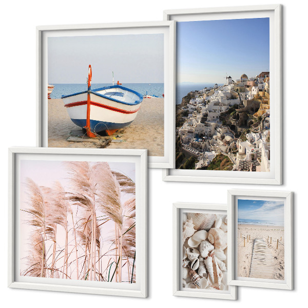 Ensemble de 5 tableaux Paysages, plages, bâtiments blancs