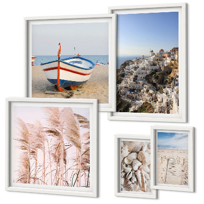 Ensemble de 5 tableaux Paysages, plages, bâtiments blancs