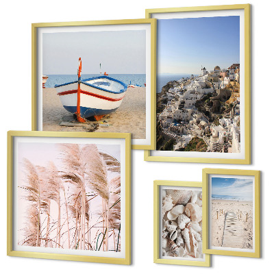 Ensemble de 5 tableaux Paysages, plages, bâtiments blancs
