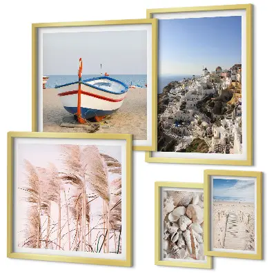 Ensemble de 5 tableaux représentant des paysages de plages et bâtiments blancs