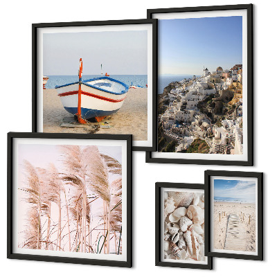 Ensemble de 5 tableaux Paysages, plages, bâtiments blancs