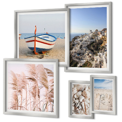 Ensemble de 5 tableaux Paysages, plages, bâtiments blancs
