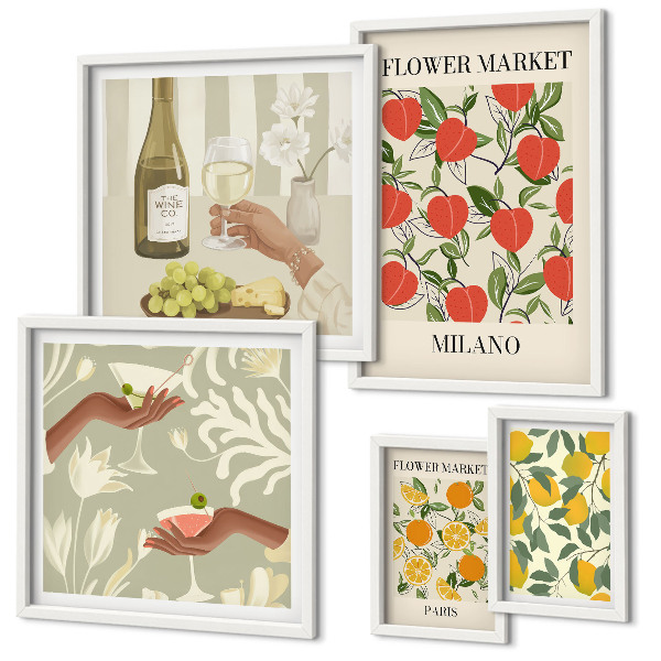 Ensemble de 5 tableaux Foire aux fruits et fleurs vintage