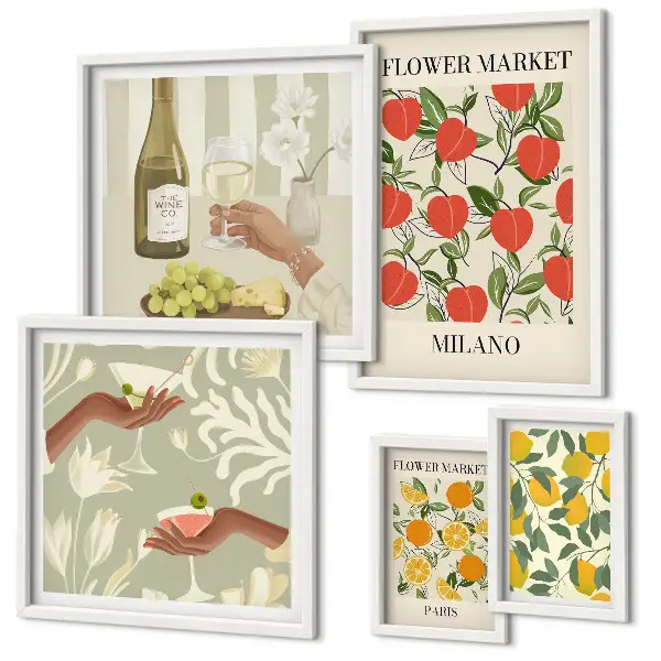 Ensemble de 5 tableaux sur le thème de la foire aux fruits et fleurs vintage
