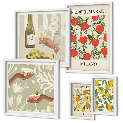 Ensemble de 5 tableaux Foire aux fruits et fleurs vintage