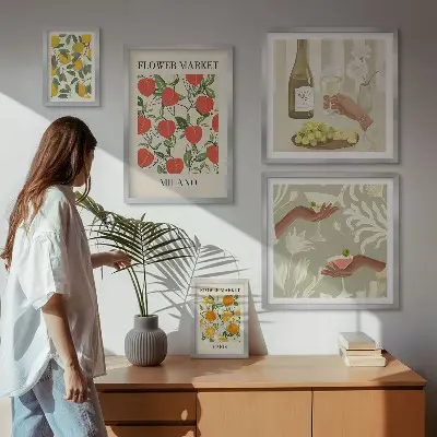 Ensemble de 5 tableaux sur le thème de la foire aux fruits et fleurs vintage