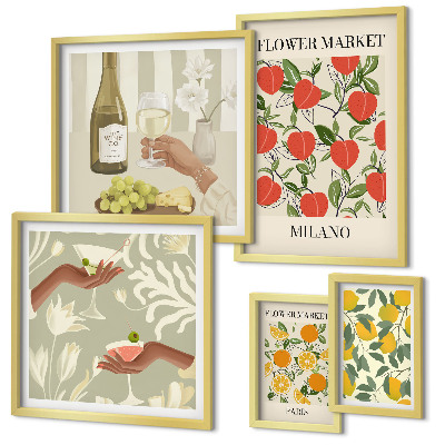 Ensemble de 5 tableaux Foire aux fruits et fleurs vintage