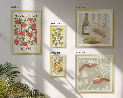 Ensemble de 5 tableaux sur le thème de la foire aux fruits et fleurs vintage