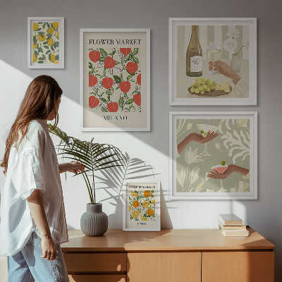 Ensemble de 5 tableaux Foire aux fruits et fleurs vintage