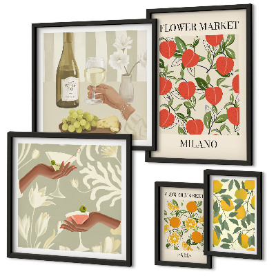 Ensemble de 5 tableaux Foire aux fruits et fleurs vintage