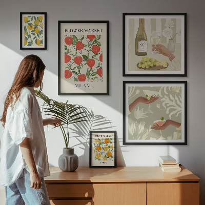 Ensemble de 5 tableaux Foire aux fruits et fleurs vintage