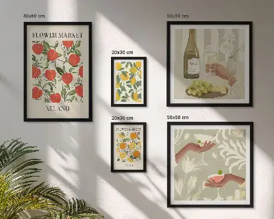Ensemble de 5 tableaux sur le thème de la foire aux fruits et fleurs vintage