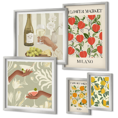 Ensemble de 5 tableaux Foire aux fruits et fleurs vintage